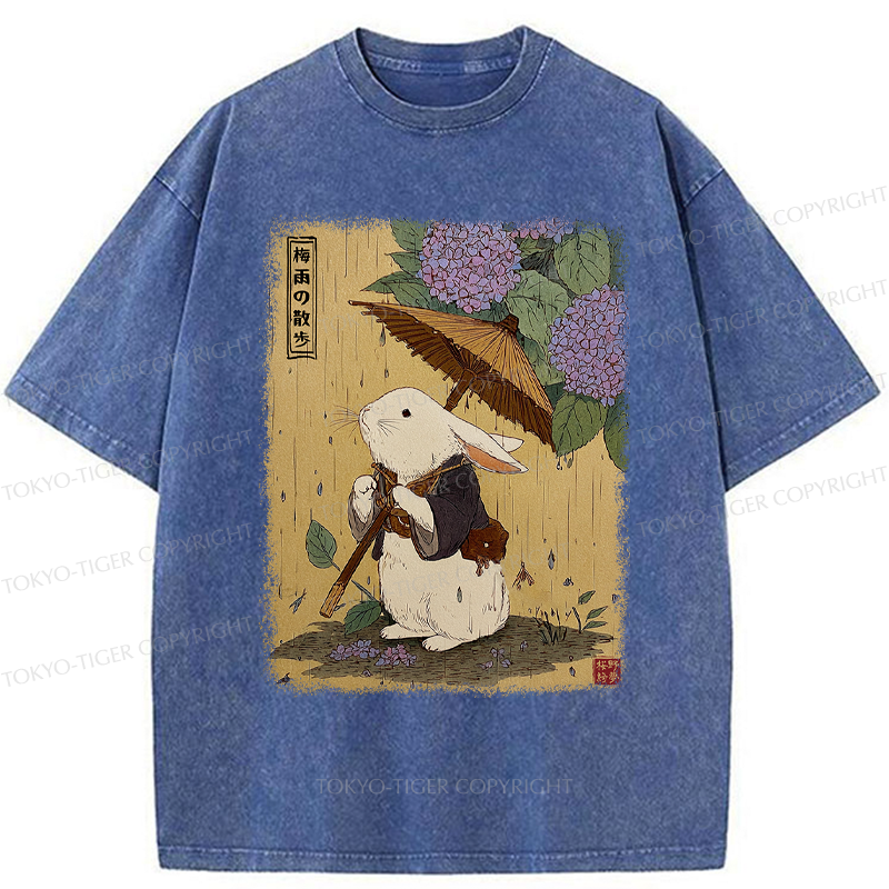 Tokyo-Tiger Ukiyoe Rainy Stroll Bunny Washed T-Shirt