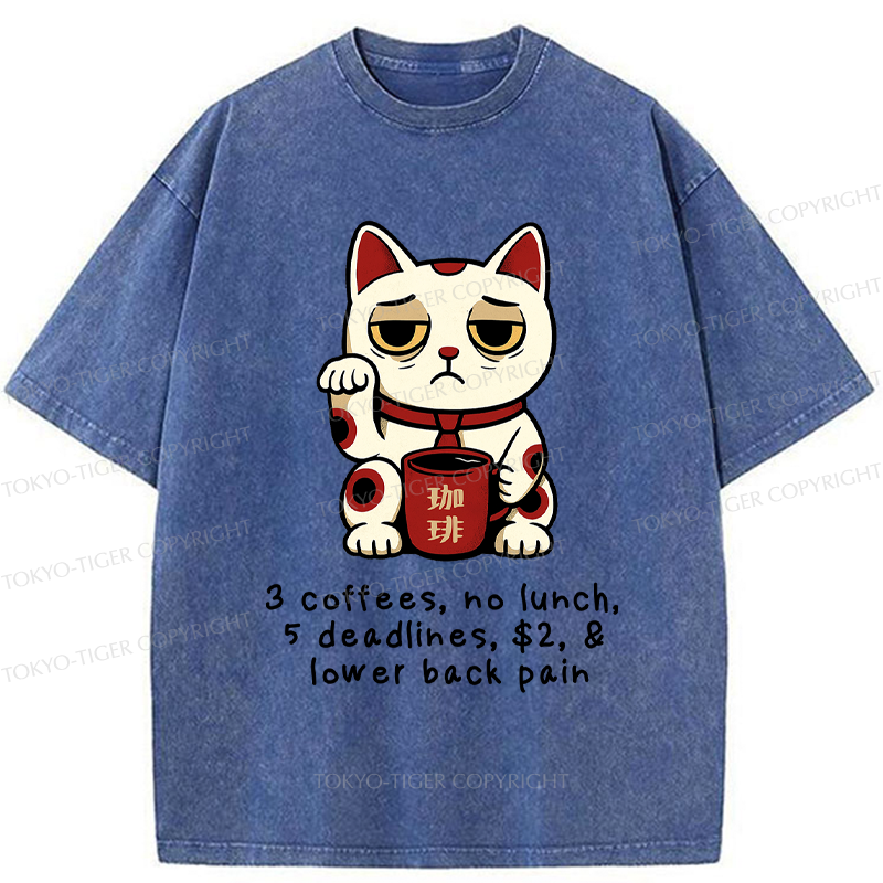 Tokyo-Tiger Funny Workaholic Lucky Cat Washed T-Shirt