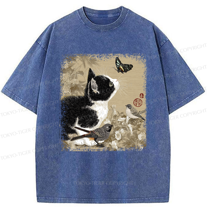 Tokyo-Tiger Cat and Butterfly: A Playful Encounter Washed T-Shirt