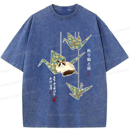 Tokyo-Tiger Ukiyoe Japan Origami and cats Funny Washed T-Shirt