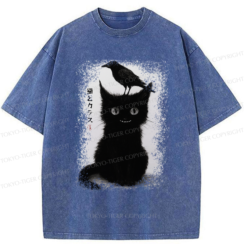 Tokyo-Tiger Funny Cat And Crow Washed T-Shirt