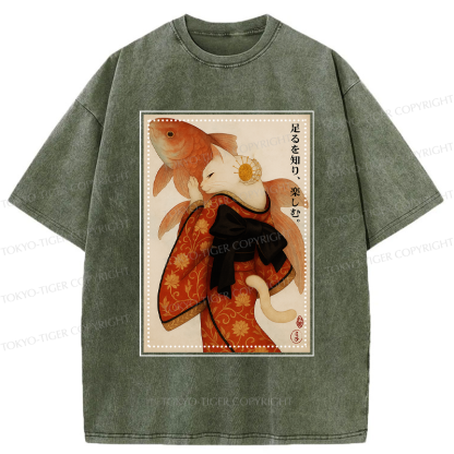 Tokyo-Tiger Japanese Ukiyoe Cat And Fish Poster Washed T-Shirt