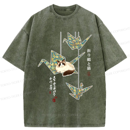 Tokyo-Tiger Ukiyoe Japan Origami and cats Funny Washed T-Shirt