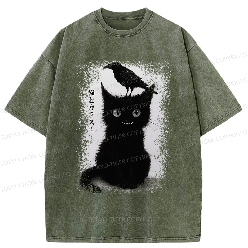 Tokyo-Tiger Funny Cat And Crow Washed T-Shirt