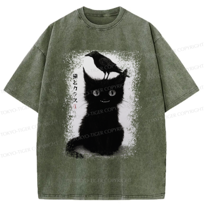 Tokyo-Tiger Funny Cat And Crow Washed T-Shirt