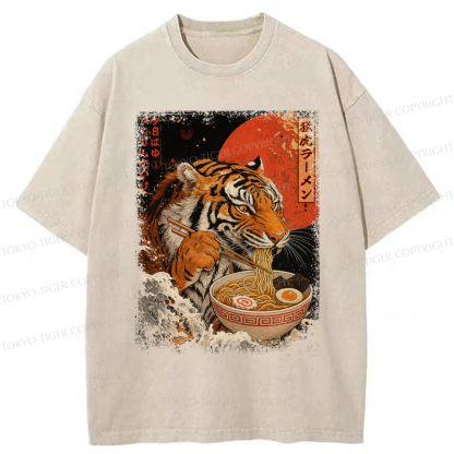 Tokyo-Tiger Ukiyoe Japan Tiger Eating Ramen Washed T-Shirt
