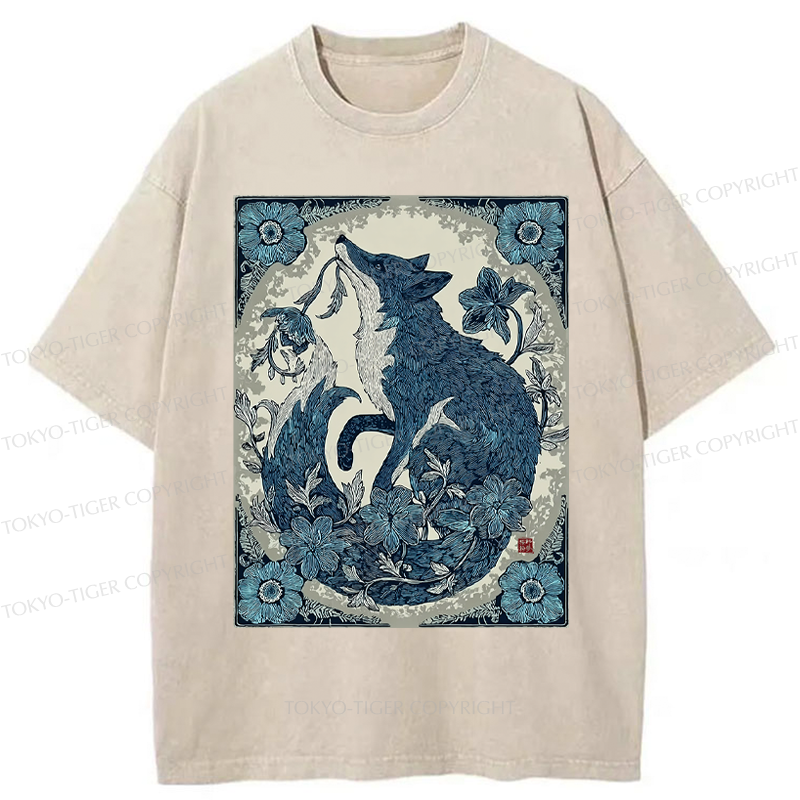 Tokyo-Tiger Floral Fox Aesthetic Washed T-Shirt