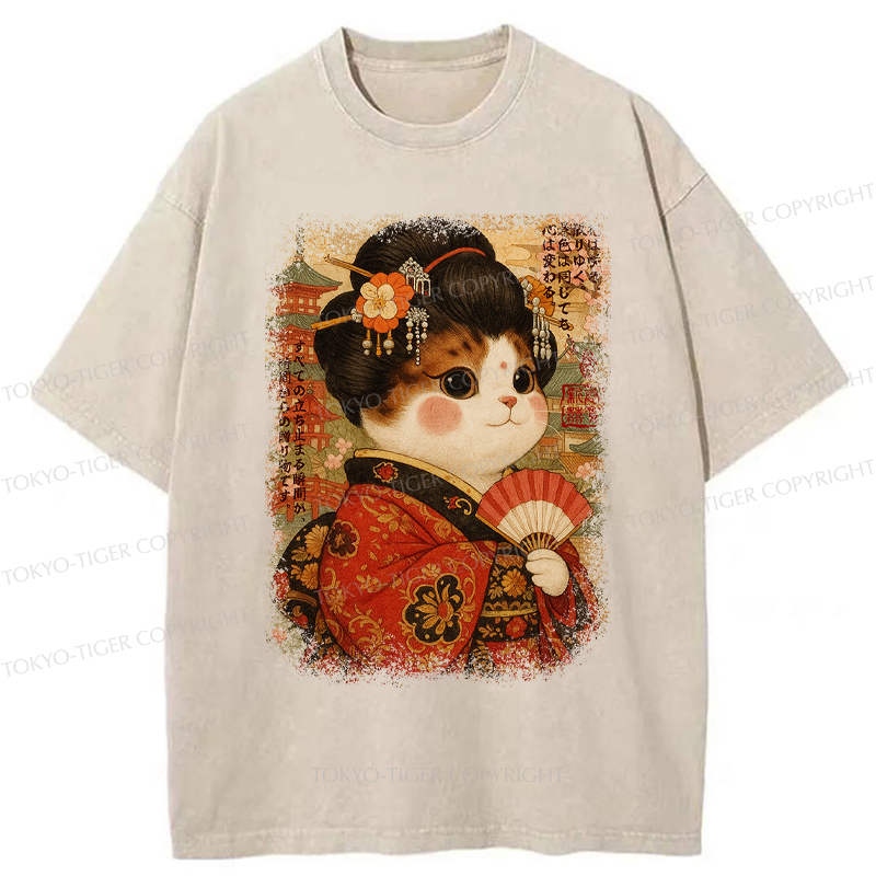 Tokyo-Tiger Ukiyoe Japanese Cat Princess Washed T-Shirt