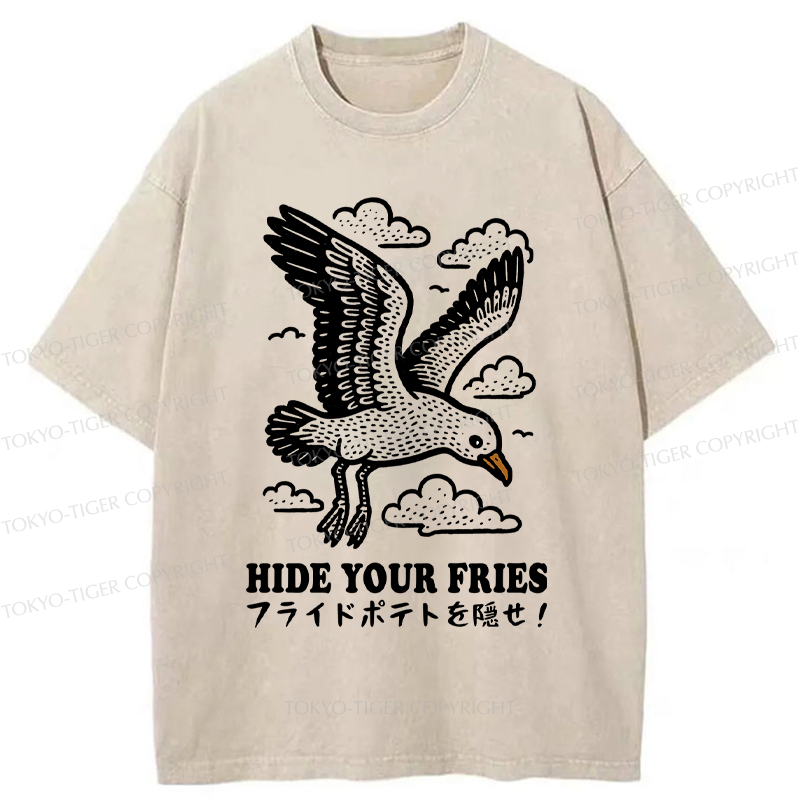 Tokyo-Tiger Funny Seagulls Stealing French Fries Washed T-Shirt
