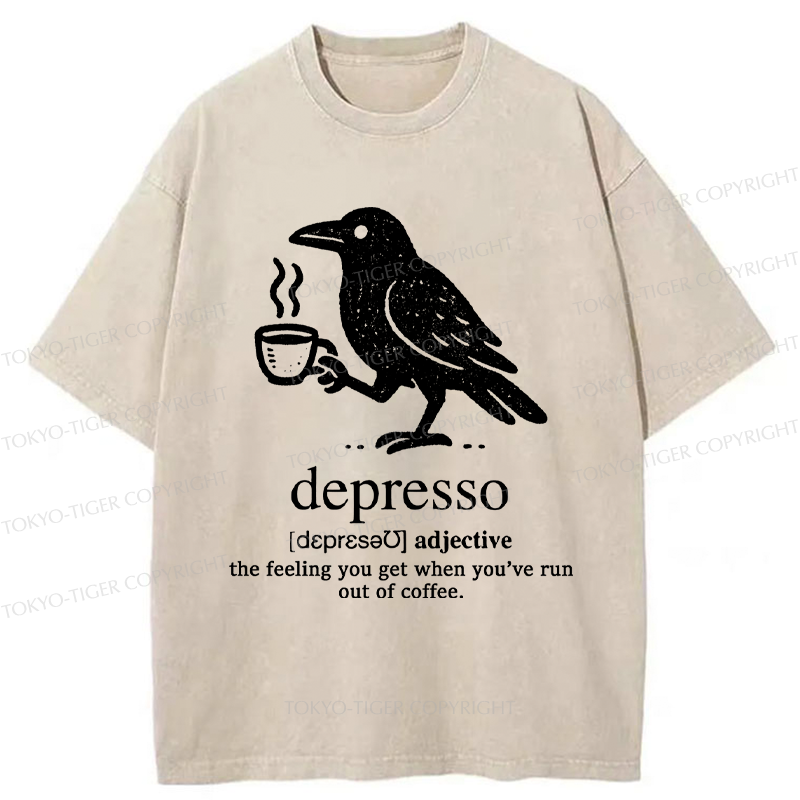 Tokyo-Tiger Funny  Crow Coffee Depresso Woodblock Washed T-Shirt