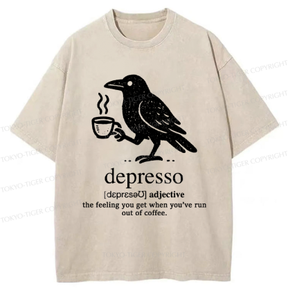 Tokyo-Tiger Funny  Crow Coffee Depresso Woodblock Washed T-Shirt