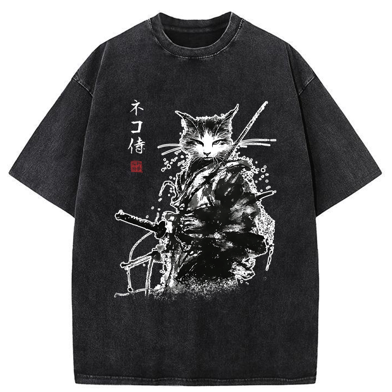Tokyo-Tiger Inkblade Samurai Cat Washed T-Shirt