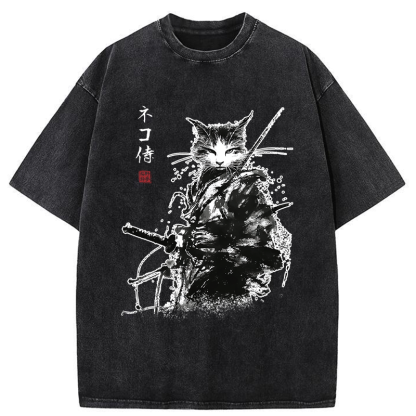 Tokyo-Tiger Inkblade Samurai Cat Washed T-Shirt