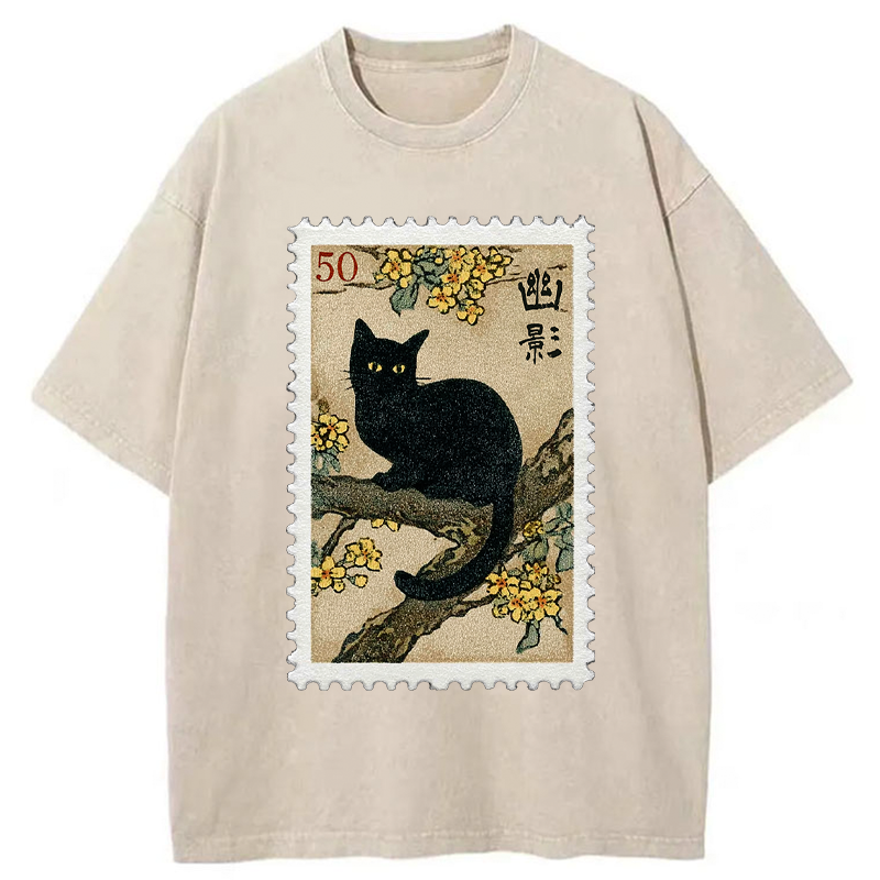 Tokyo-Tiger Golden Blossom Black Cat Post Washed T-Shirt
