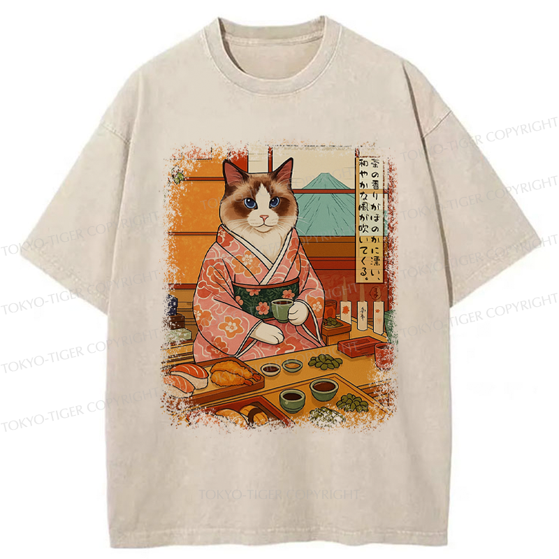 Tokyo-Tiger Ukiyoe Japanese Cat Princess Teahouse Washed T-Shirt