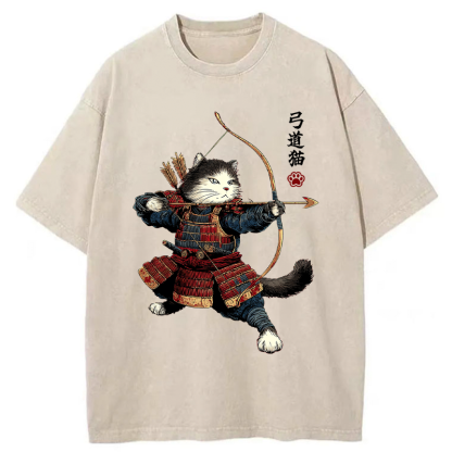 Tokyo-Tiger Kyudo Samurai Cat Washed T-Shirt