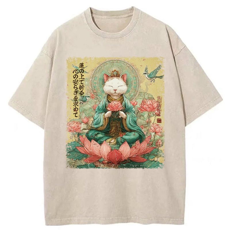 Tokyo-Tiger Lotus Whisper Cat:Calm Reflections Washed T-Shirt