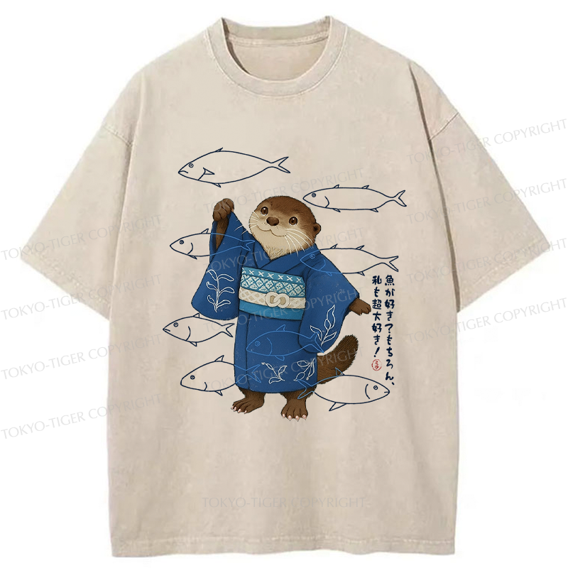 Tokyo-Tiger Funny Ukiyoe Otter and Fish Washed T-Shirt