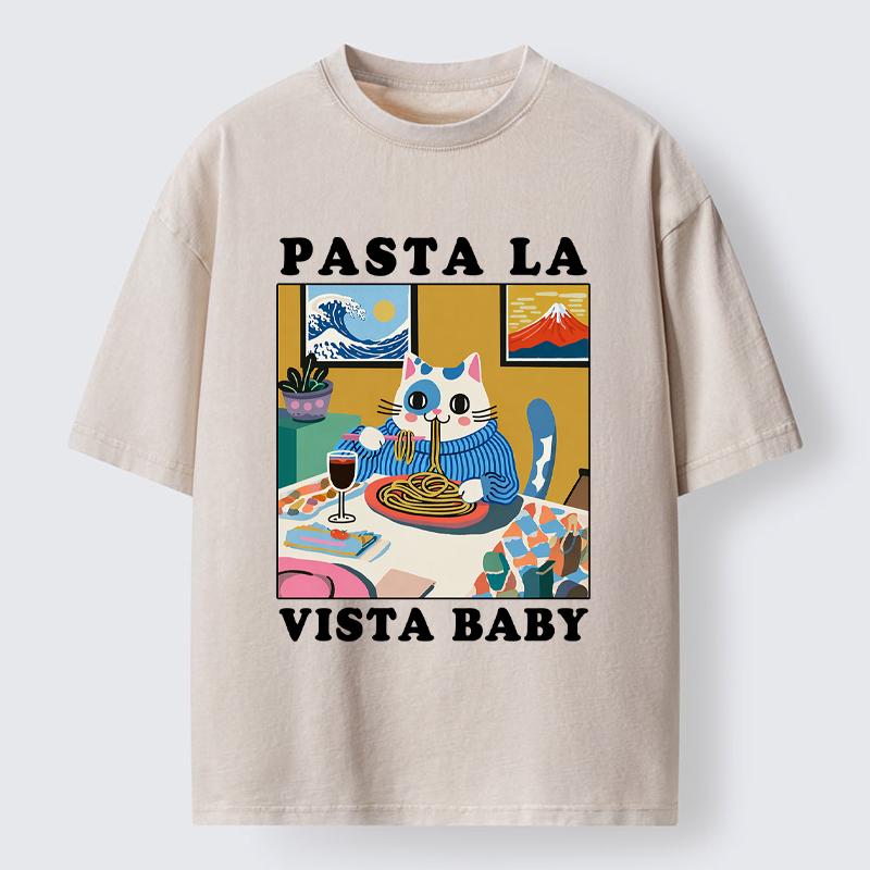 Tokyo-Tiger Wine, Pasta, and Meow Washed T-Shirt