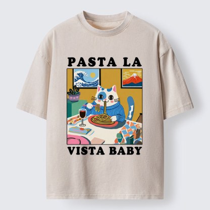 Tokyo-Tiger Wine, Pasta, and Meow Washed T-Shirt