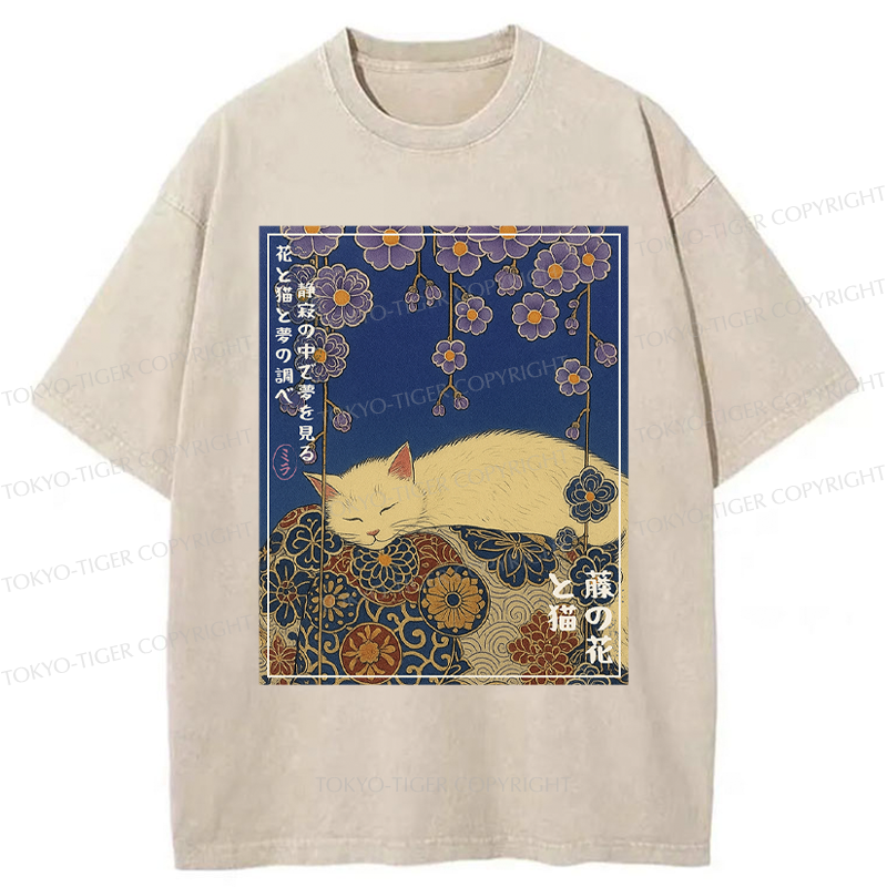 Tokyo-Tiger Ukiyoe Wisteria Flowers and Cats Washed T-Shirt