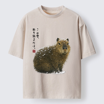 Tokyo-Tiger Snow Adorns Me: Capybara Serenity Washed T-Shirt