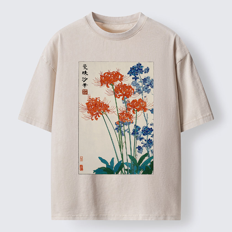 Tokyo-Tiger Red Spider Lily Bloom Washed T-Shirt