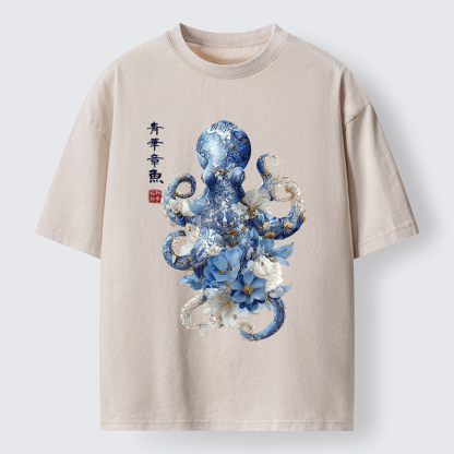 Tokyo-Tiger Porcelain Blossom Octopus Washed T-Shirt
