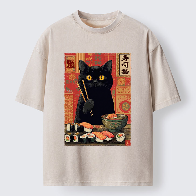 Tokyo-Tiger Neko Eats Sushi Washed T-Shirt