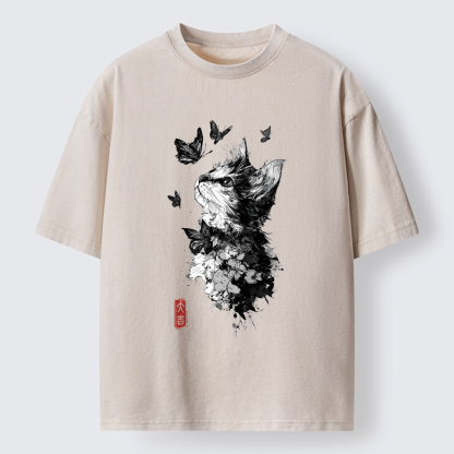 Tokyo-Tiger Butterfly and Cat Gaze Washed T-Shirt