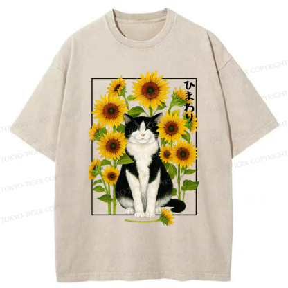 Tokyo-Tiger Funny Sunflower and Cat Poster Washed T-Shirt