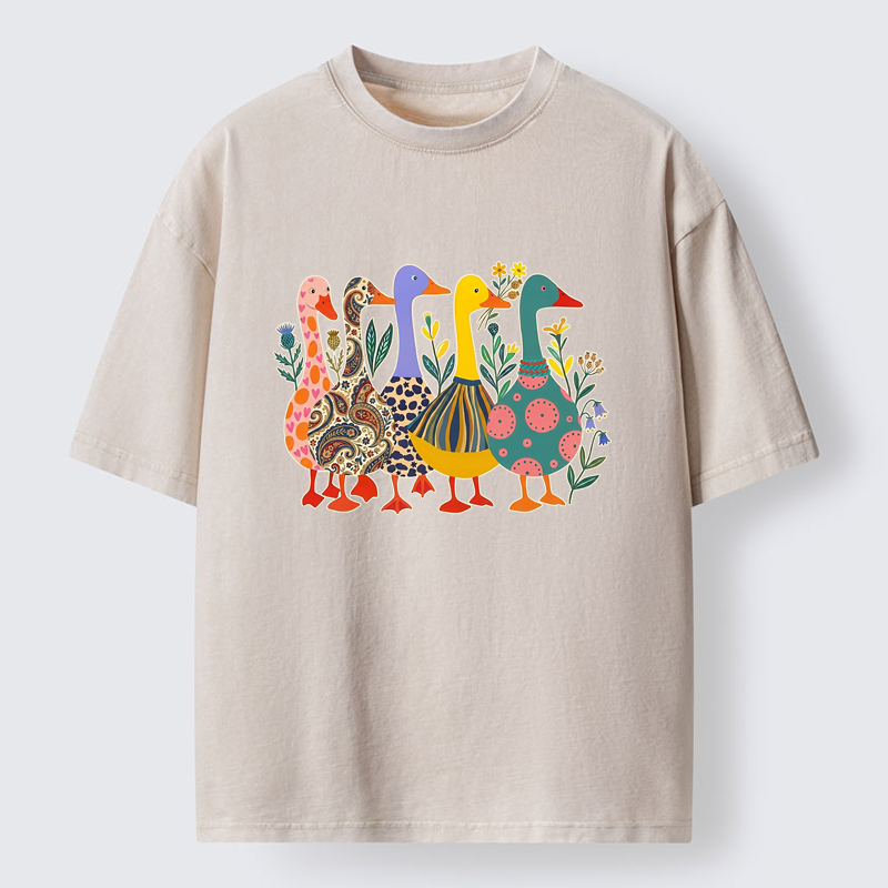Tokyo-Tiger Whimsical Folk-Art Goose Quintet Washed T-Shirt