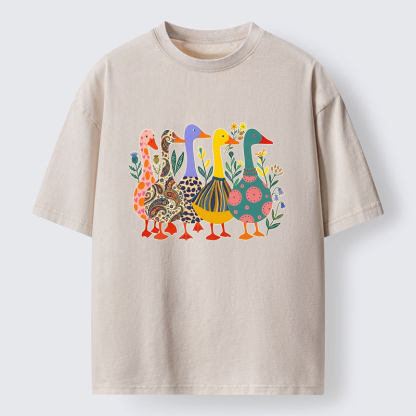 Tokyo-Tiger Whimsical Folk-Art Goose Quintet Washed T-Shirt