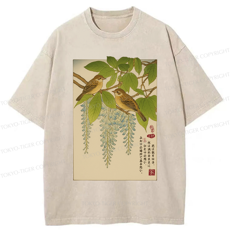 Tokyo-Tiger Ukiyoe Bird on the wisteria treetop Washed T-Shirt