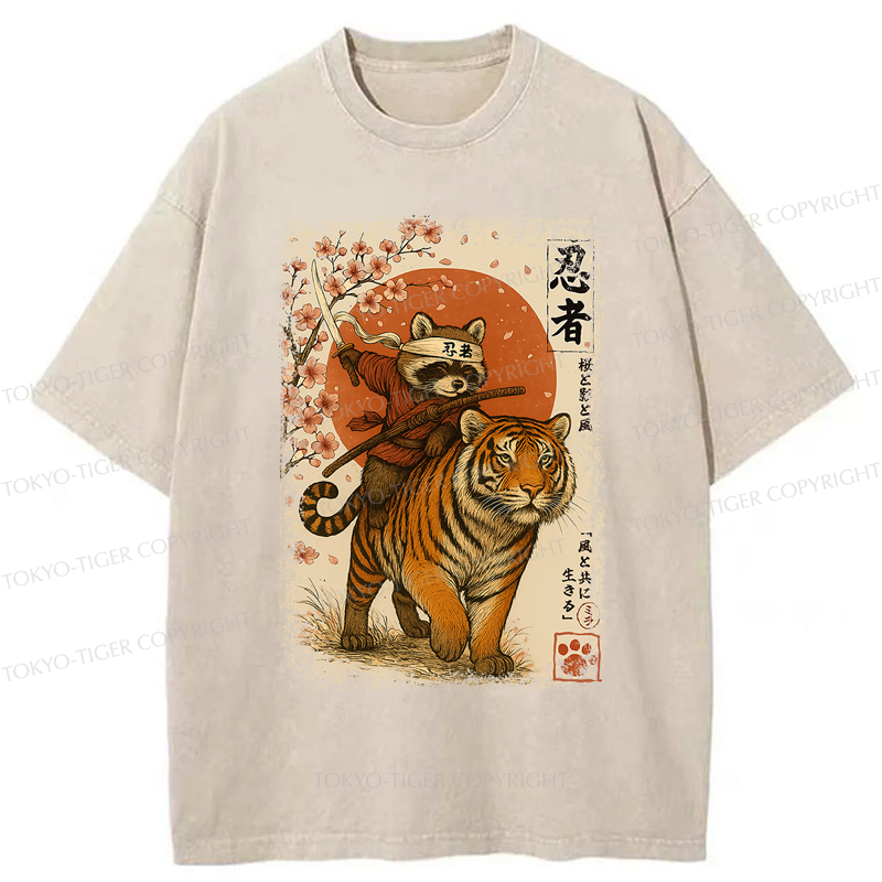 Tokyo-Tiger Ukiyoe Raccoon Samurai Riding a Tiger Washed T-Shirt