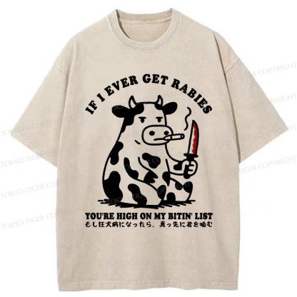 Tokyo-Tiger Funny On The Cow's Bite List Washed T-Shirt