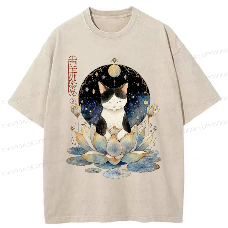 Tokyo-Tiger Funny Cat Lotus Zen Auspiciousness Washed T-Shirt
