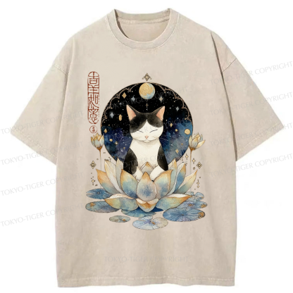 Tokyo-Tiger Funny Cat Lotus Zen Auspiciousness Washed T-Shirt