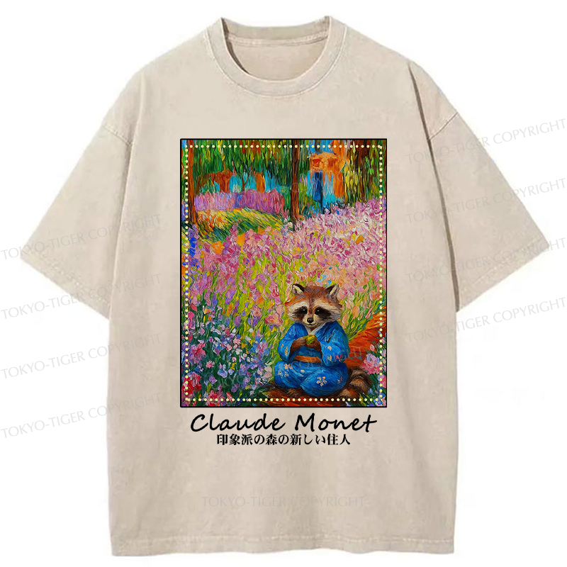Tokyo-Tiger Impressionist Raccoon Garden Tea Washed T-Shirt
