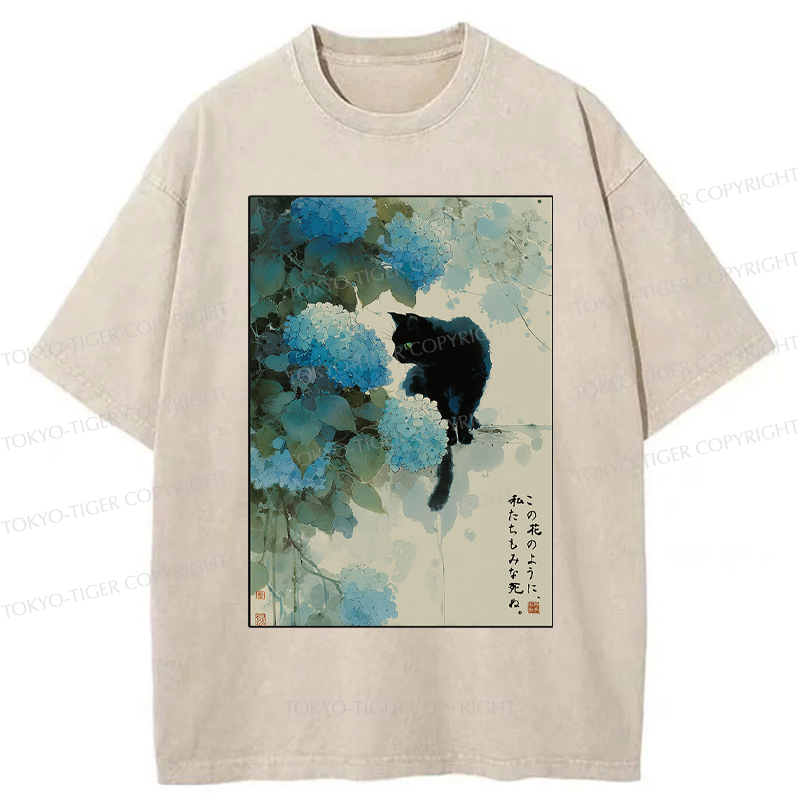 Tokyo-Tiger Like This Flower, We All Die-Hydrangea&Cat Washed T-Shirt