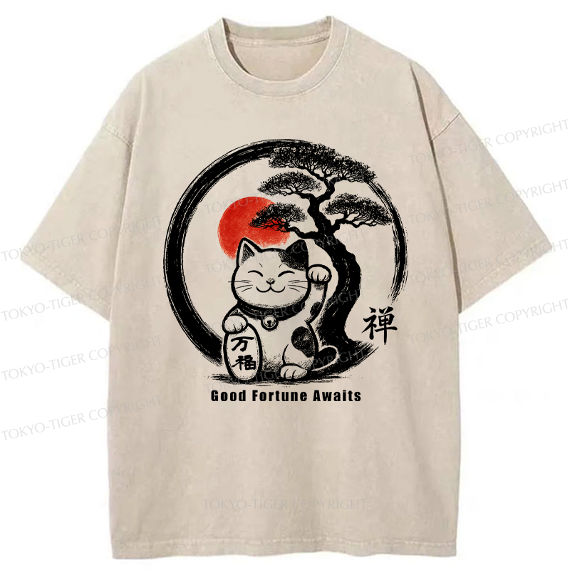 Tokyo-Tiger Lucky Maneki-Neko Zen Washed T-Shirt