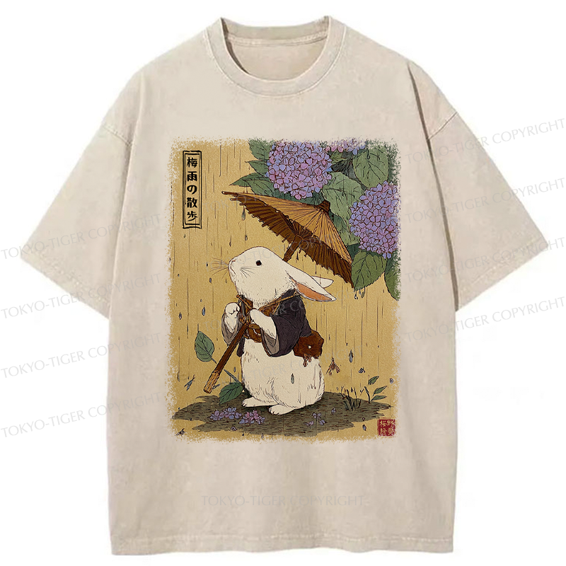 Tokyo-Tiger Ukiyoe Rainy Stroll Bunny Washed T-Shirt