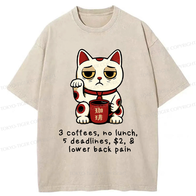 Tokyo-Tiger Funny Workaholic Lucky Cat Washed T-Shirt