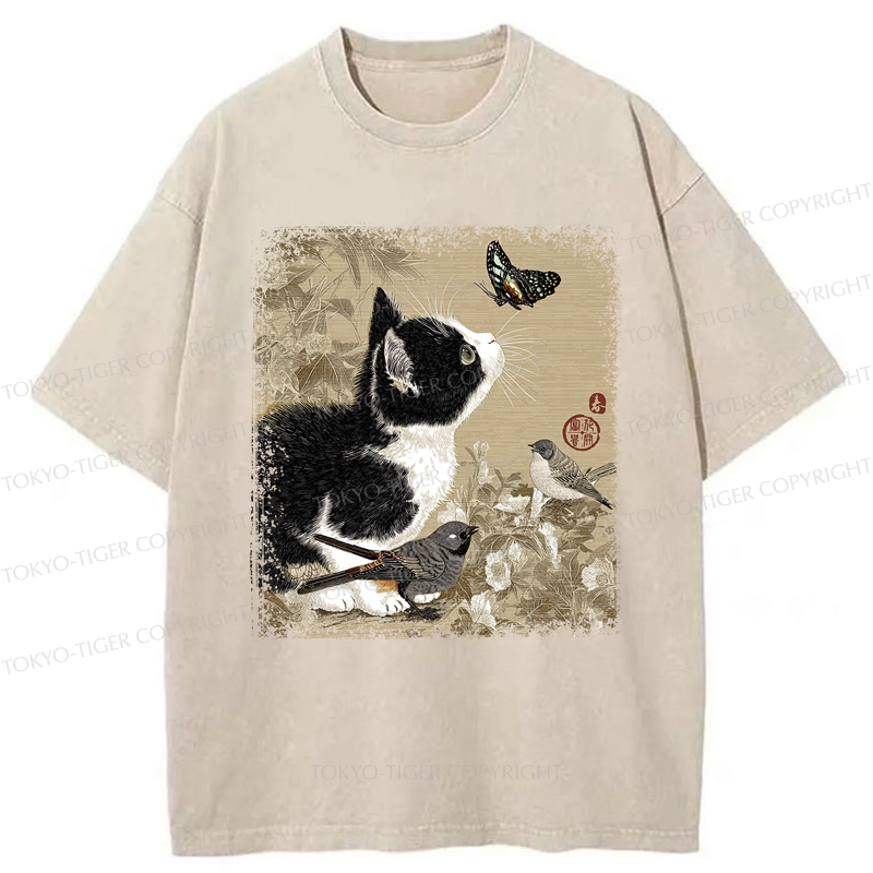 Tokyo-Tiger Cat and Butterfly: A Playful Encounter Washed T-Shirt