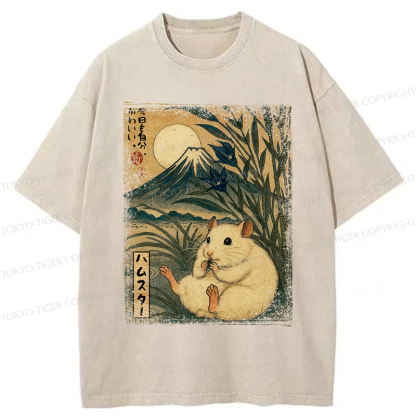 Tokyo-Tiger Funny Hamster Mount Fuji Flower meme Washed T-Shirt