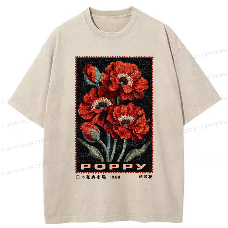 Tokyo-Tiger Timeless Poppy Stamp Washed T-Shirt