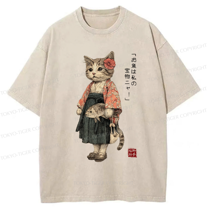 Tokyo-Tiger Cat Princess With Her Treasure Washed T-Shirt