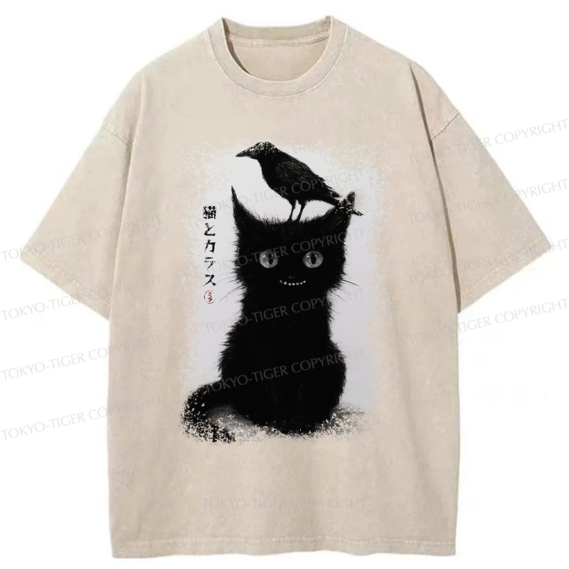 Tokyo-Tiger Funny Cat And Crow Washed T-Shirt
