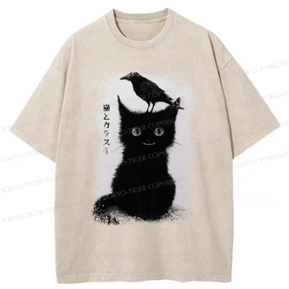 Tokyo-Tiger Funny Cat And Crow Washed T-Shirt