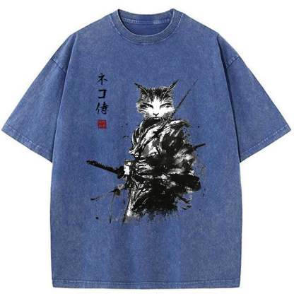 Tokyo-Tiger Inkblade Samurai Cat Washed T-Shirt
